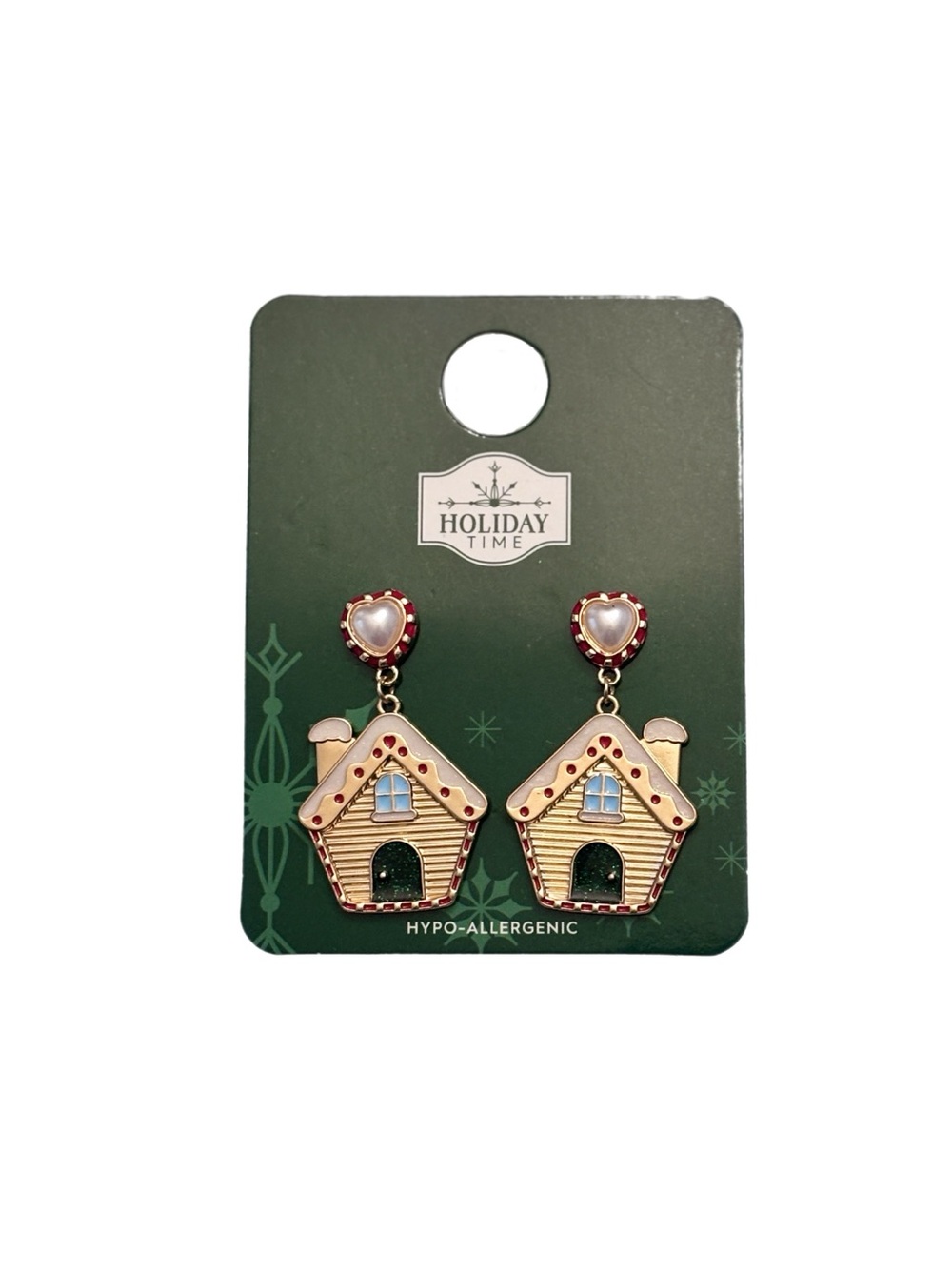 Holiday Time Gingerbread House Dangle Earrings Gold and Red